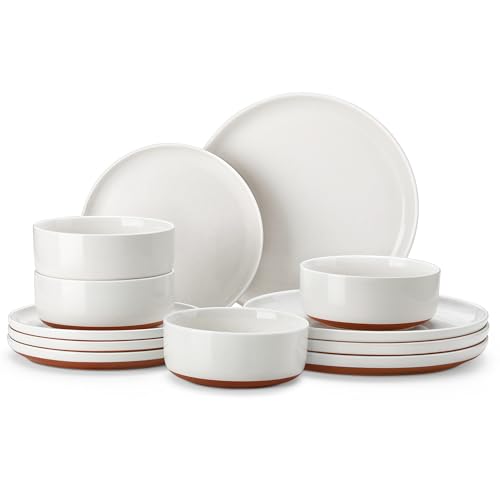 MALACASA Plates and Bowls Sets. 12 Pieces Modern Stoneware Dinnerware Set for 4 Kitchen Dinner Set Ceramic Dishware Dishes Set Microwave and Dishwasher Safe. White. Series TARA