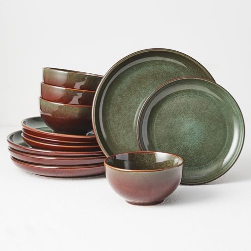 Stoneware Dinnerware Sets Service for 4. 12 pcs Reactive Glaze Plates and Bowls Sets. Handmade Ceramic Dish Set. Highly Chip and Crack Resistant Modern Plate Set. Brown Green