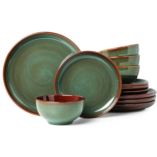 Stoneware Dinnerware Sets. Ceramic Plates and Bowls Set. Microwave & Dishwasher Safe Kitchen Dishes. Modern Dinner Salad Plates | Cereal Bowls. Dishware Sets Service for 4 Sage Green