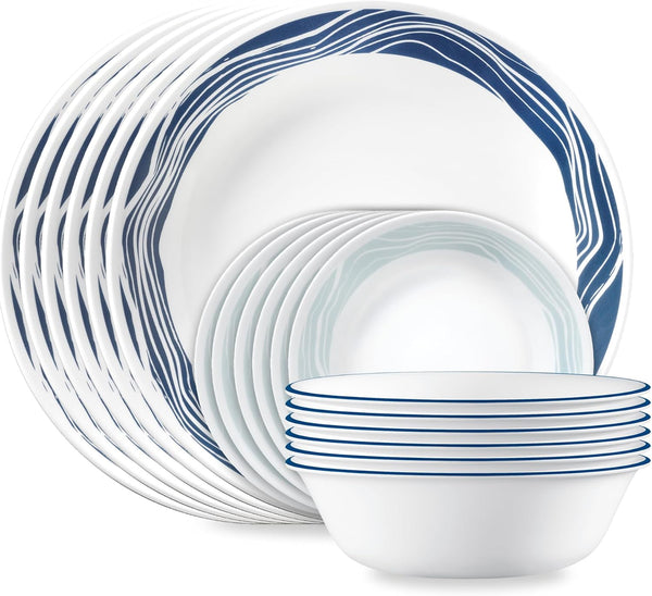 Corelle Vitrelle 18-Piece Service for 6 Dinnerware Set Triple Layer Glass and Chip Resistant. Lightweight Round Plates and Bowls Set. Winter Frost White