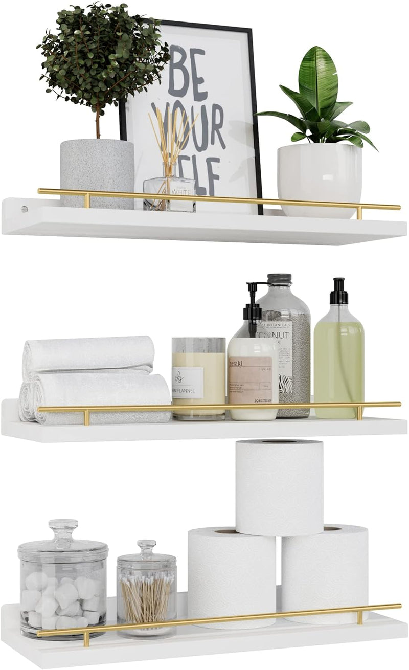 WOPITUES Floating Shelves with Gold Metal Guardrail. Shelves for Wall Decor Set of 3. Wall Shelves for Bedroom. Bathroom. Kitchen. Living Room. Plants. Picture Frames. Art- White and Gold