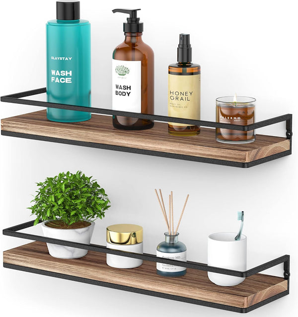 Meangood Floating Shelves Wall Mounted Set of 2. Rustic Wood Wall Storage Shelves for Bedroom.Living Room.Bathroom. Kitchen Torched Wood