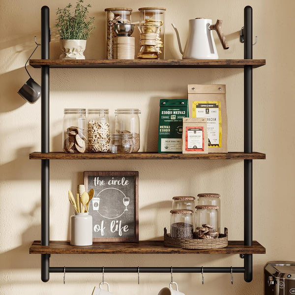 Bestier 3 Tier Industrial Pipe Shelving. Floating Book Shelves for Wall. Storage Hanging Shelves with Towel Bar for Bathroom Organizer Bedroom Kitchen Plants Office. 31.5 Inch Rustic Brown